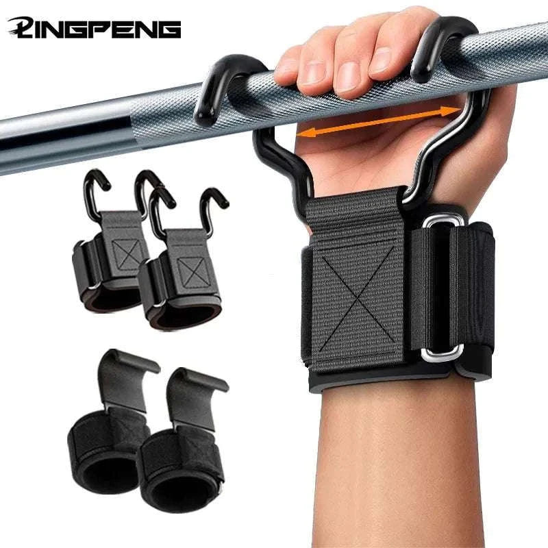Weight Lifting Hooks with Wrist Wraps for Secure Grip Training-SteelPlate Black-2pc