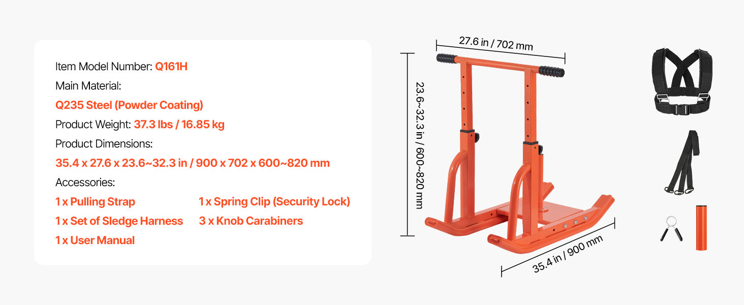 SucceBuy vægtslæde i stål – power sled til fitnesstræning, træningssled til øvelse med justerbar højde, håndtag, orange/sort (1/2 in)
