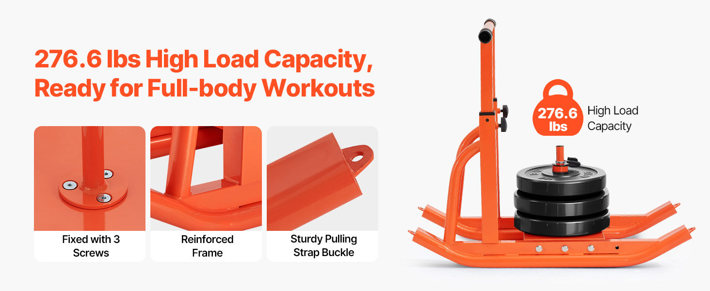 SucceBuy vægtslæde i stål – power sled til fitnesstræning, træningssled til øvelse med justerbar højde, håndtag, orange/sort (1/2 in)