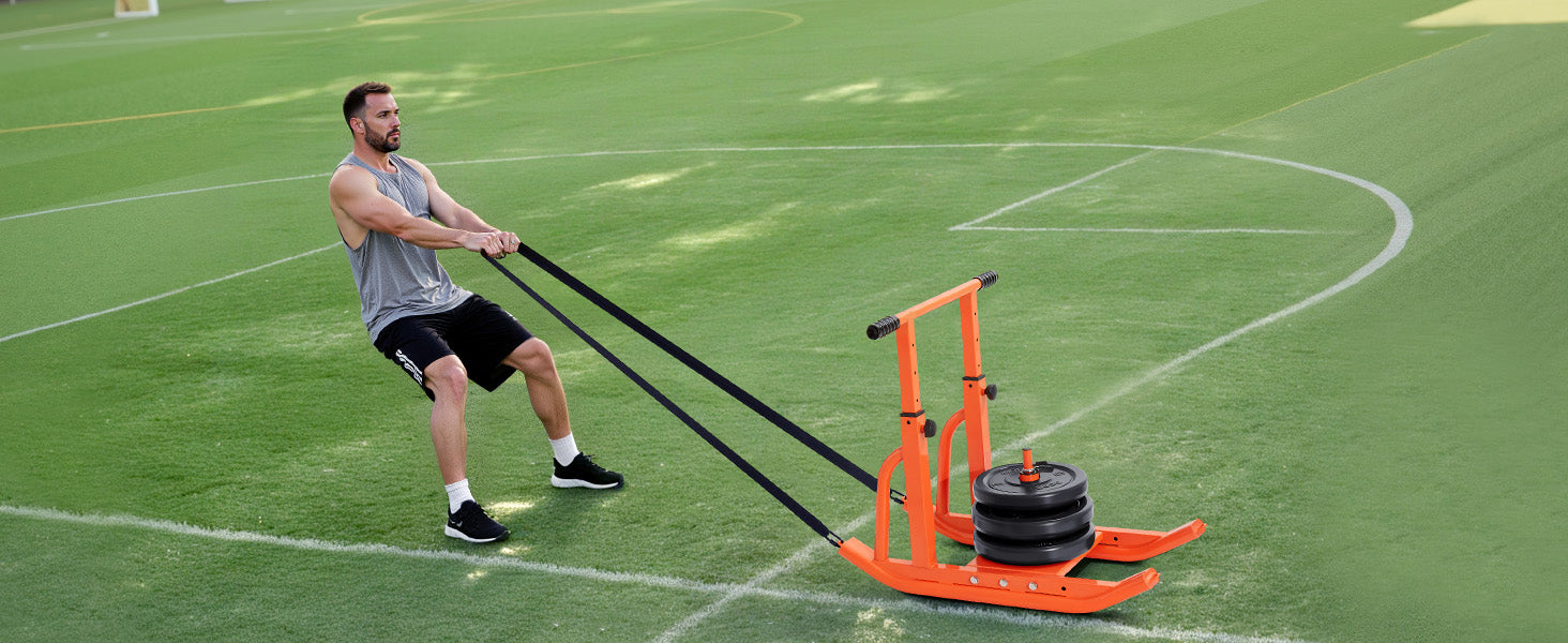 SucceBuy vægtslæde i stål – power sled til fitnesstræning, træningssled til øvelse med justerbar højde, håndtag, orange/sort (1/2 in)