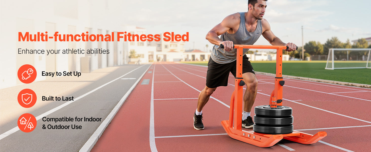 SucceBuy vægtslæde i stål – power sled til fitnesstræning, træningssled til øvelse med justerbar højde, håndtag, orange/sort (1/2 in)