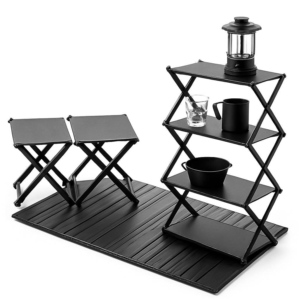 Camping Foldable Three-Tier Storage Shelf Rack for Outdoor Use