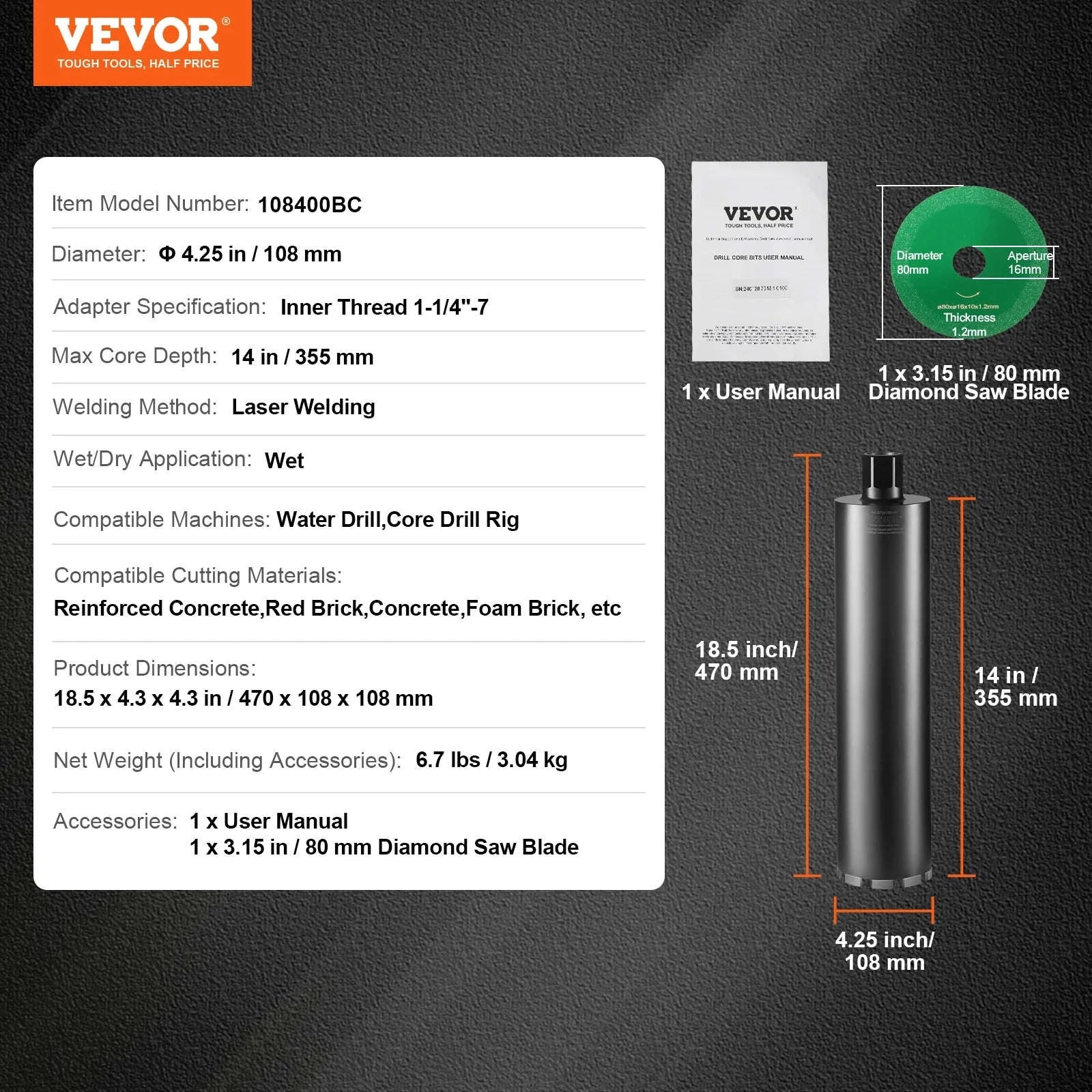 Wet/Dry Diamond Core Drill Bit for Brick and Concrete with Pilot Bit, Adapter and Saw Blade-Wet 108mm / United States