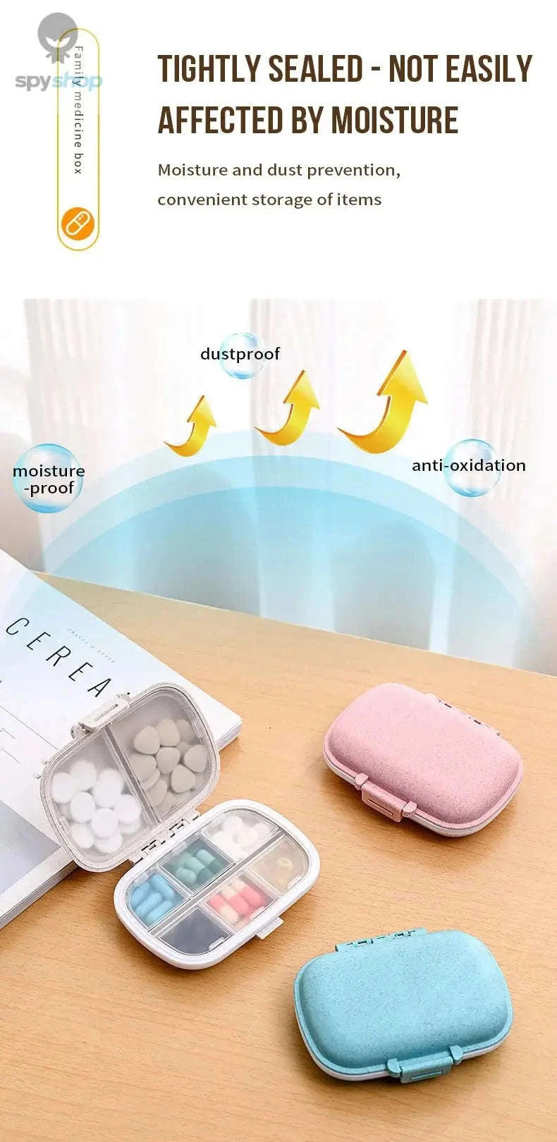 Wheat Straw Pill Organizer – Compact 8‑Grid Travel Case for Daily Medication-BLUE