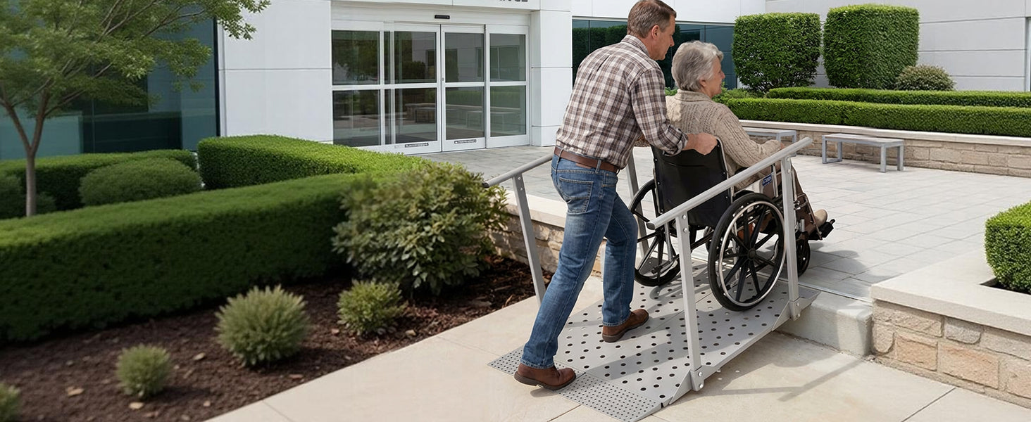 SucceBuy 440LBS Wheelchair Ramp 44.9x33.5in with Handrails Aluminum Handicap Ramp Portable Threshold Ramps for Home Steps Stairs