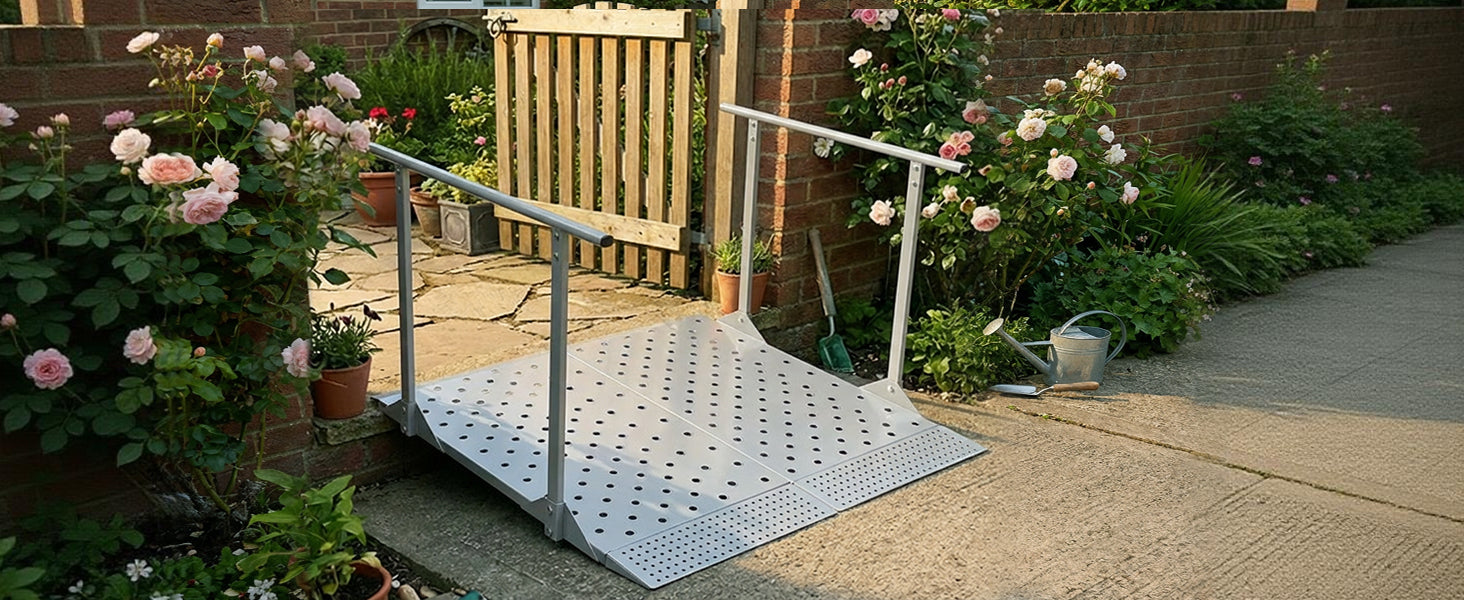 SucceBuy 440LBS Wheelchair Ramp 44.9x33.5in with Handrails Aluminum Handicap Ramp Portable Threshold Ramps for Home Steps Stairs