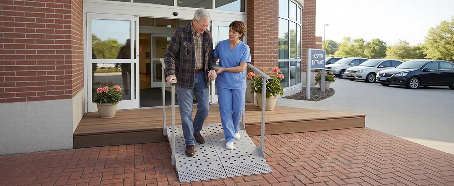 SucceBuy 440LBS Wheelchair Ramp 44.9x33.5in with Handrails Aluminum Handicap Ramp Portable Threshold Ramps for Home Steps Stairs