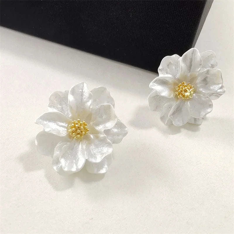 White Acrylic Flower Stud Earrings – Korean Folded Floral Design-ES4230