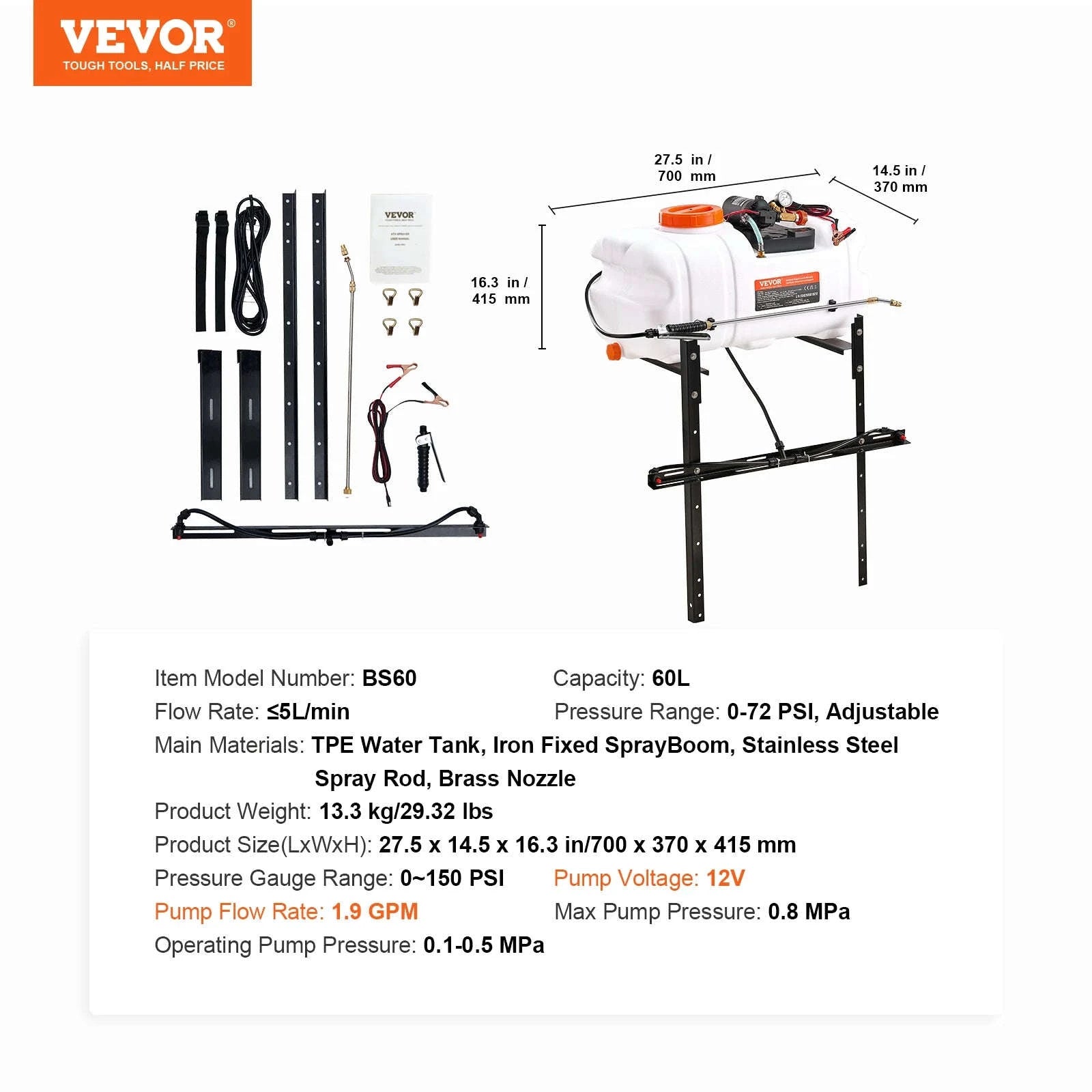 White ATV Spot Sprayer 15.9 Gal 60 L with Adjustable Boom and 12V Pump-15gal / United States