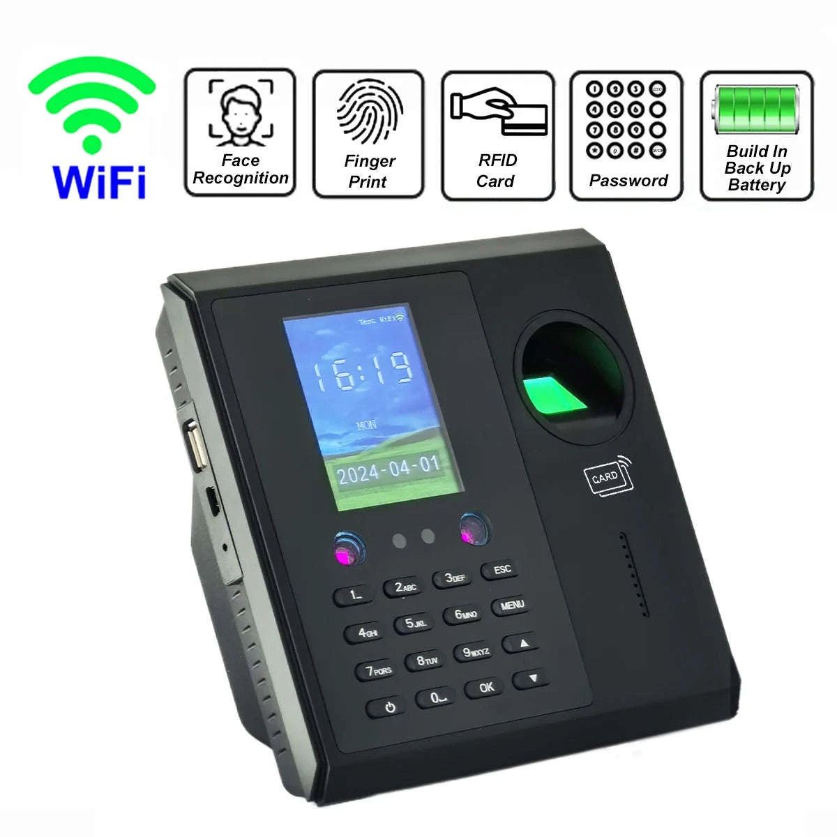 Wi‑Fi Face and Fingerprint Time Clock with Battery Backup for Easy Attendance Tracking-CF16-IC / UK Plug / Spanish