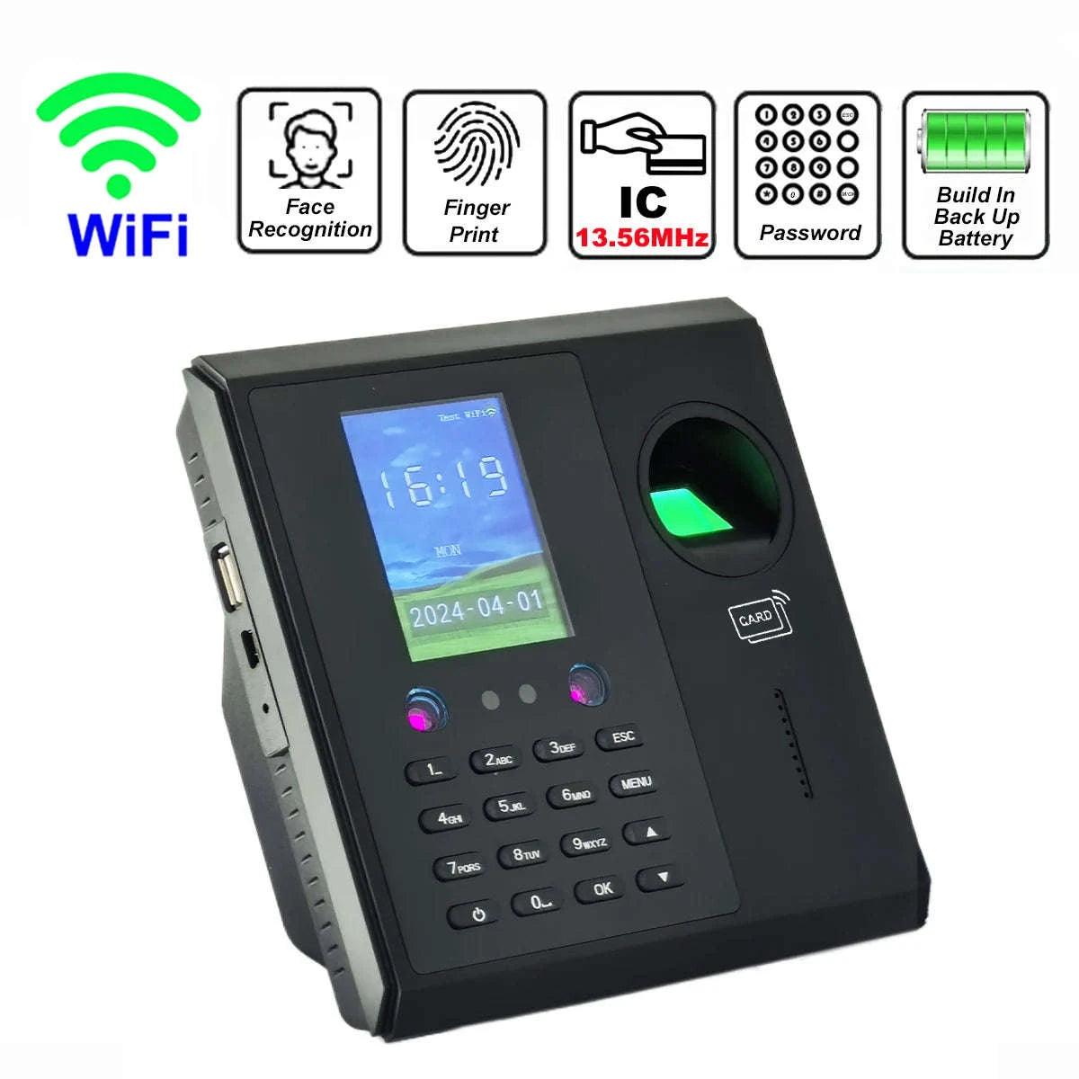 Wi‑Fi Face and Fingerprint Time Clock with Battery Backup for Easy Attendance Tracking-CF16-IC / UK Plug / Spanish