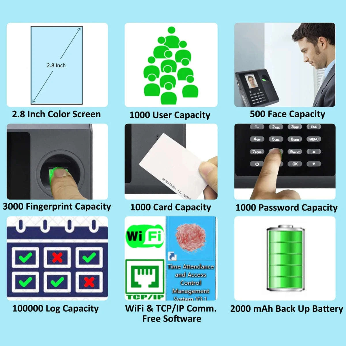 Wi‑Fi Face and Fingerprint Time Clock with Battery Backup for Easy Attendance Tracking-CF16-IC / UK Plug / Spanish