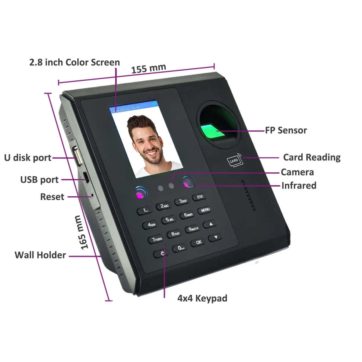 Wi‑Fi Face and Fingerprint Time Clock with Battery Backup for Easy Attendance Tracking-CF16-IC / UK Plug / Spanish