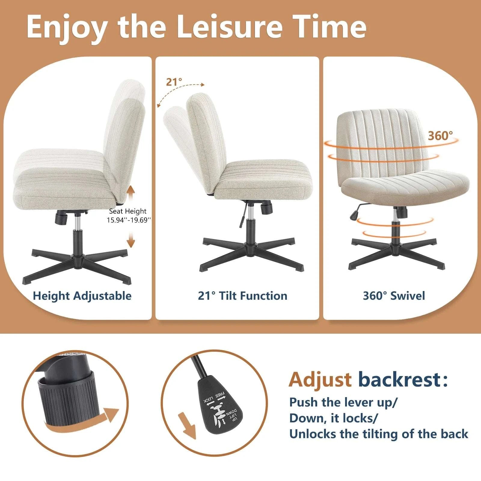 Wide Cross-Legged Office Chair Armless Adjustable Swivel Seat-leather brown / United States