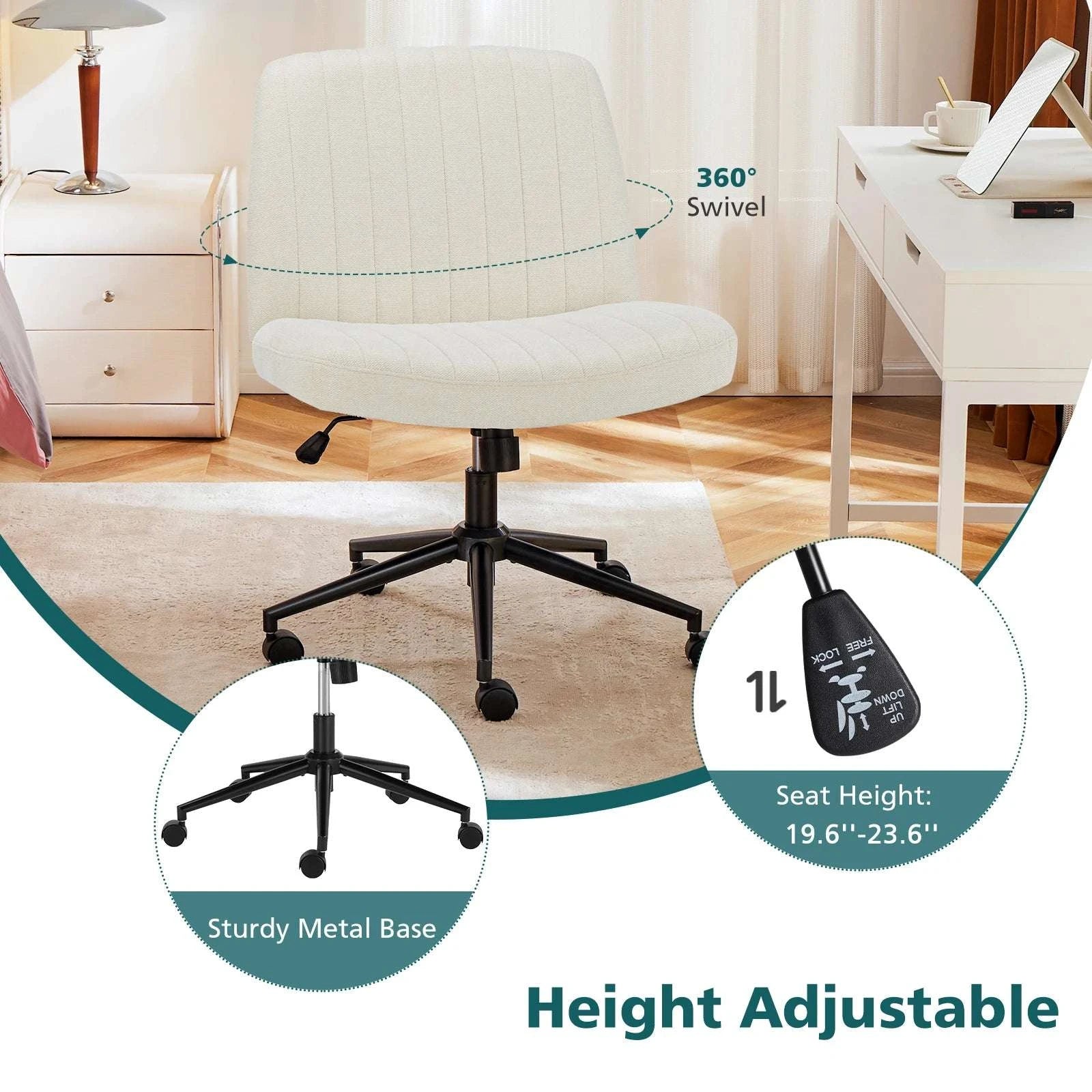 Wide Cross Legged Office Chair Armless Swivel Adjustable Desk Chair-Teddy velvet Beige / United States