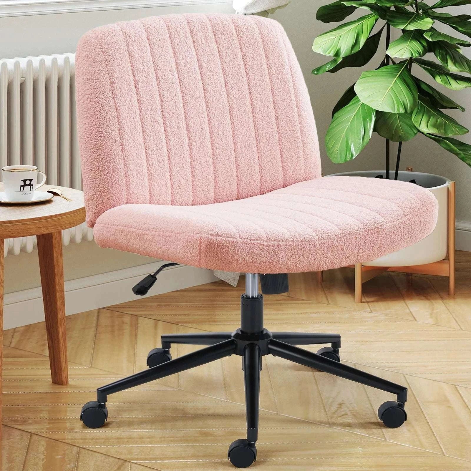 Wide Cross Legged Office Chair Armless Swivel Adjustable Desk Chair-Teddy velvet Beige / United States