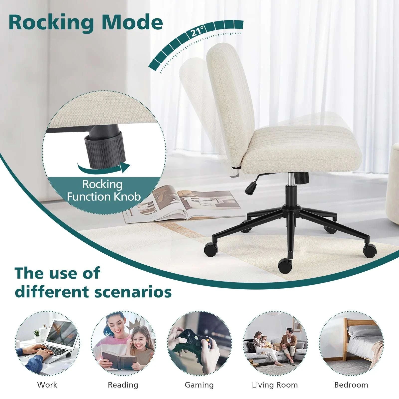 Wide Cross Legged Office Chair Armless Swivel Adjustable Desk Chair-Teddy velvet Beige / United States