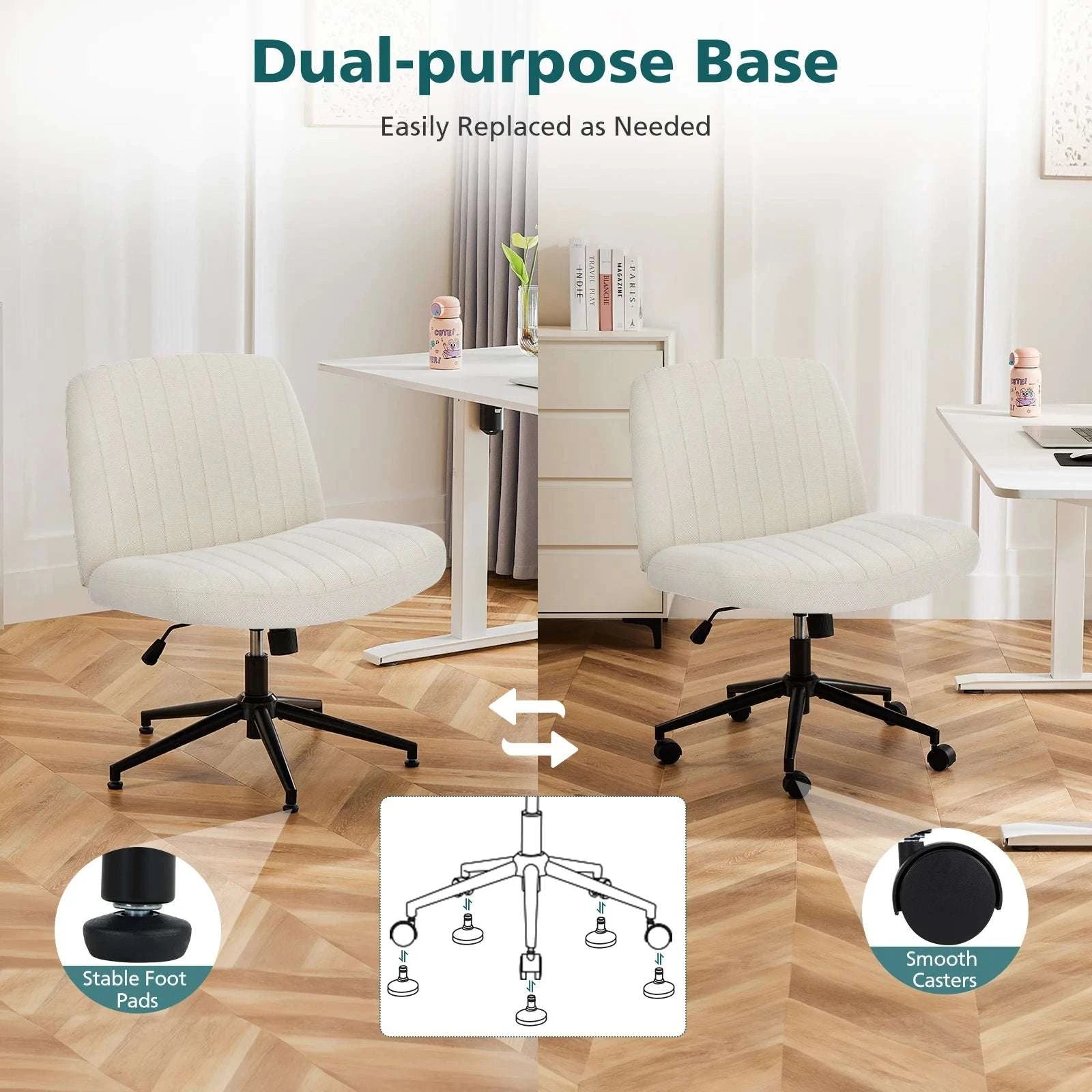 Wide Cross Legged Office Chair Armless Swivel Adjustable Desk Chair-Teddy velvet Beige / United States
