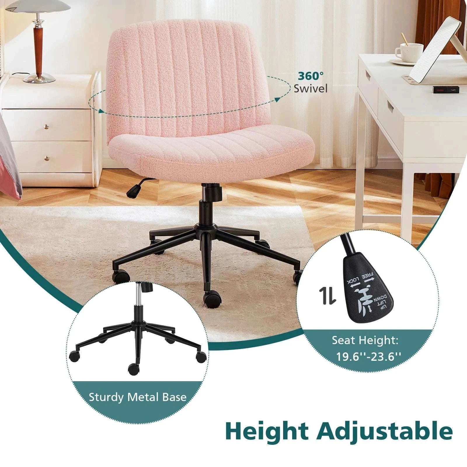 Wide Cross Legged Office Chair Armless Swivel Adjustable Desk Chair-Teddy velvet Beige / United States