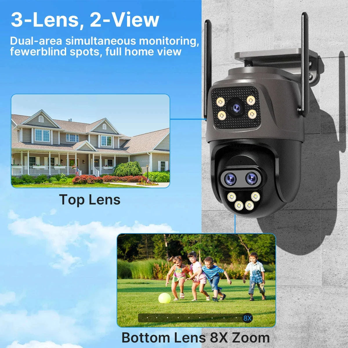 WiFi Outdoor PTZ Security Camera with Auto Tracking-Three Lens / EU Plug / Poland