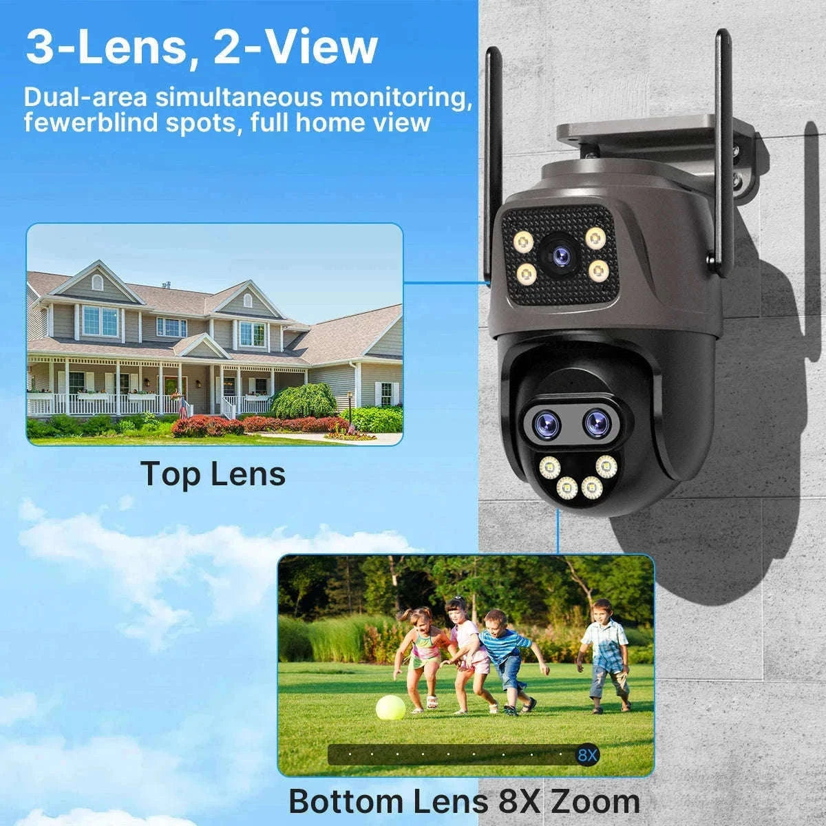 WiFi Outdoor PTZ Security Camera with Auto Tracking-Three Lens / EU Plug / Poland