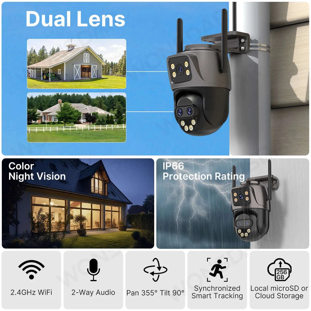 WiFi Outdoor PTZ Security Camera with Auto Tracking-Three Lens / EU Plug / Poland