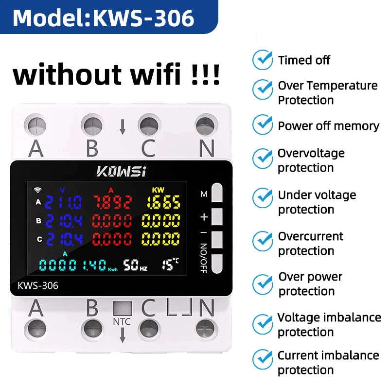 WiFi Power Energy Meter AC Monitor with 3‑Phase Protection-KWS-306WF with wifi