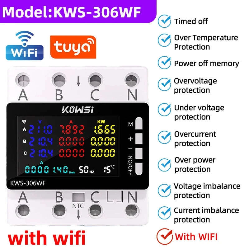 WiFi Power Energy Meter AC Monitor with 3‑Phase Protection-KWS-306WF with wifi