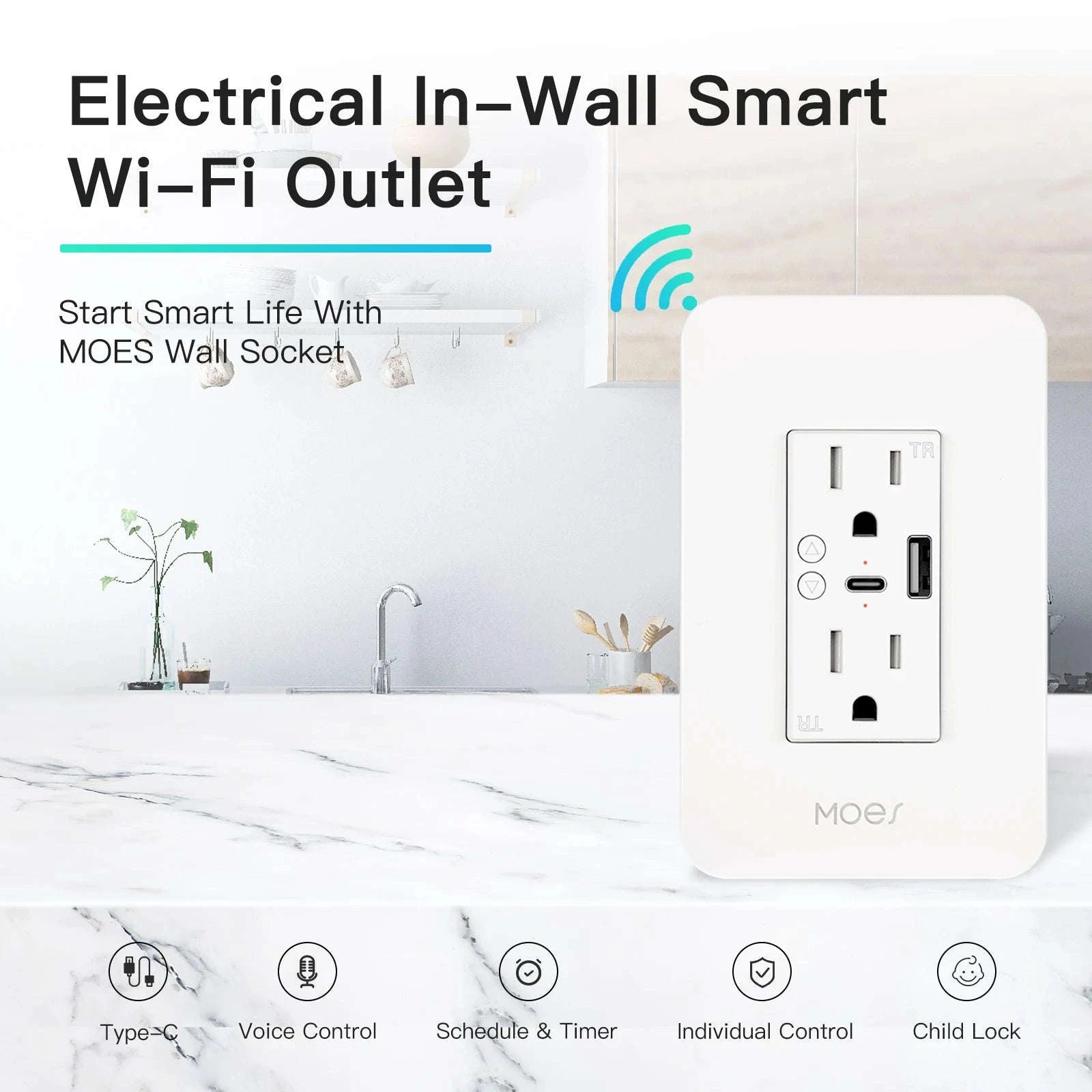 WiFi Smart Wall Socket with Type-C and USB Ports-TypeC and USB Ports / 100-250V / United States
