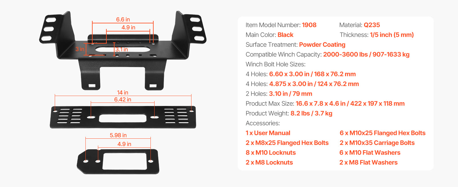 Polaris Ranger Winch Hitch Mount 2000–3600 lbs Fit 2010–2021