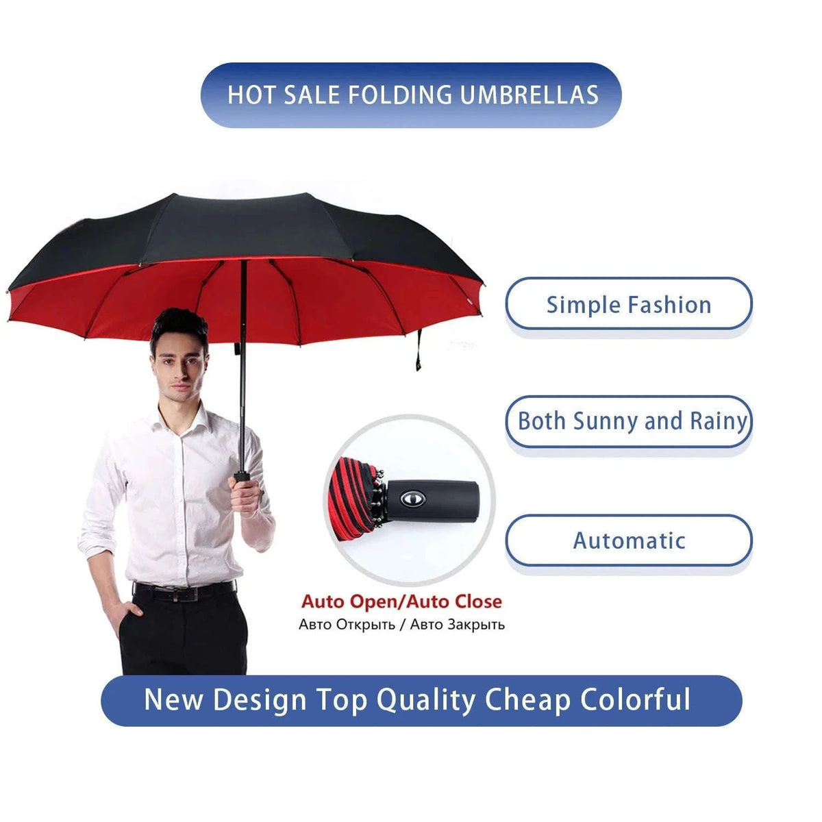 Windproof Automatic Umbrella with One-Touch Open and Close-blue