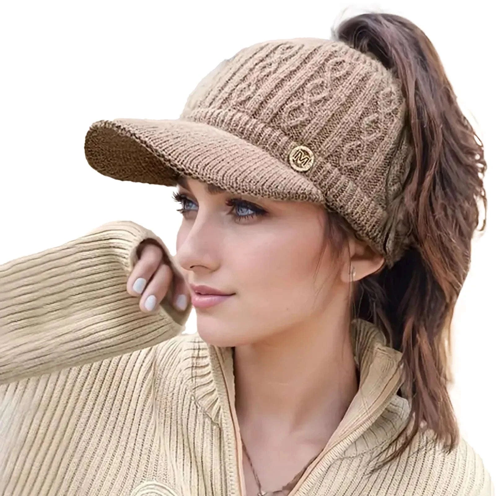 Winter Woolen Ponytail Cap for Women-White