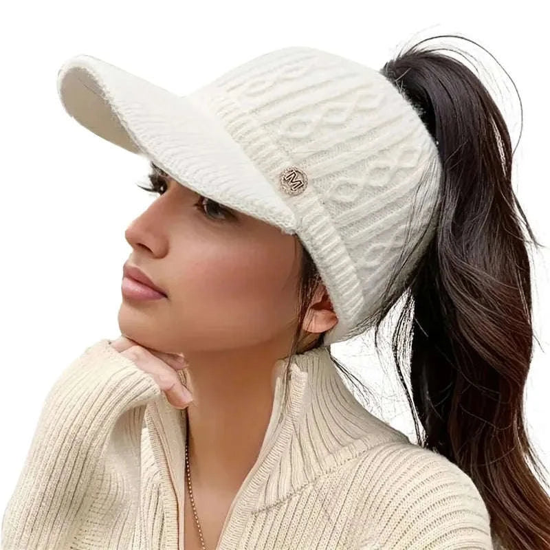 Winter Woolen Ponytail Cap for Women-White