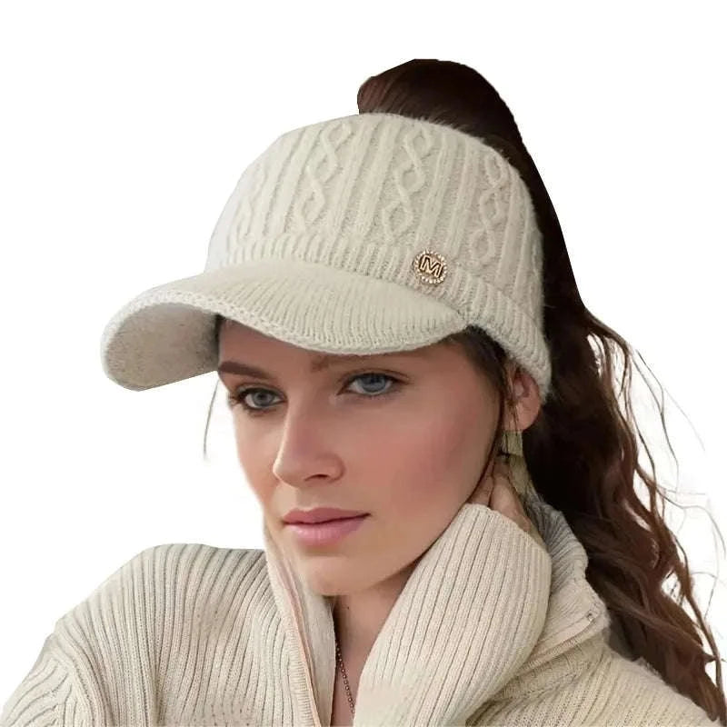 Winter Woolen Ponytail Cap for Women-White