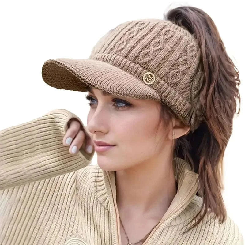 Winter Woolen Ponytail Cap for Women-White