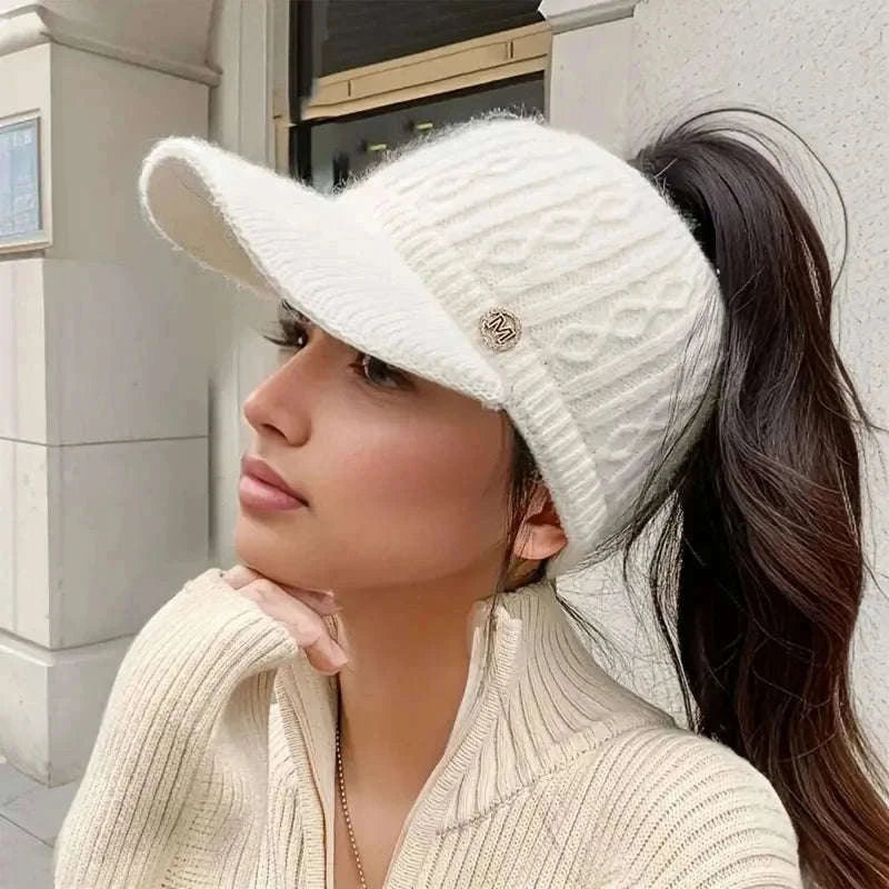 Winter Woolen Ponytail Cap for Women with Ponytail Opening-White