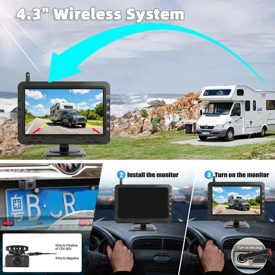 Wireless 1080P Backup Camera with 4.3" Monitor for Cars & RVs-12V Monitor with Cam
