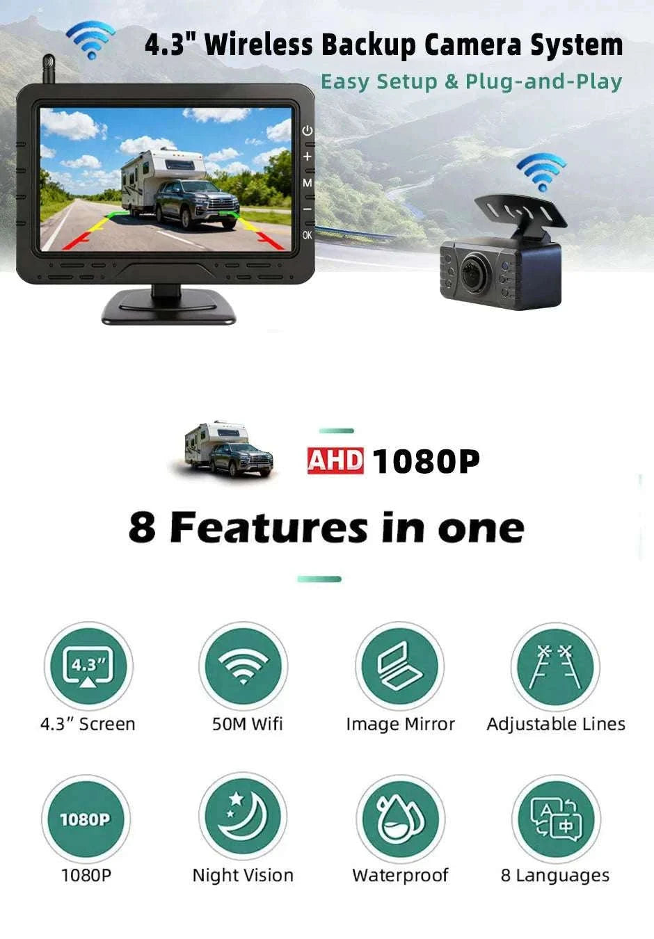 Wireless 1080P Backup Camera with 4.3" Monitor for Cars & RVs-12V Monitor with Cam