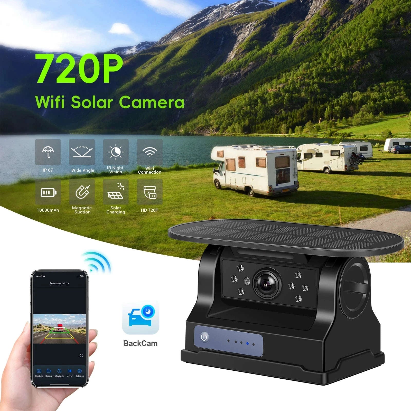 Wireless Backup Camera with Waterproof Magnetic Mount, Infrared Night Vision, Solar Charging-Germany