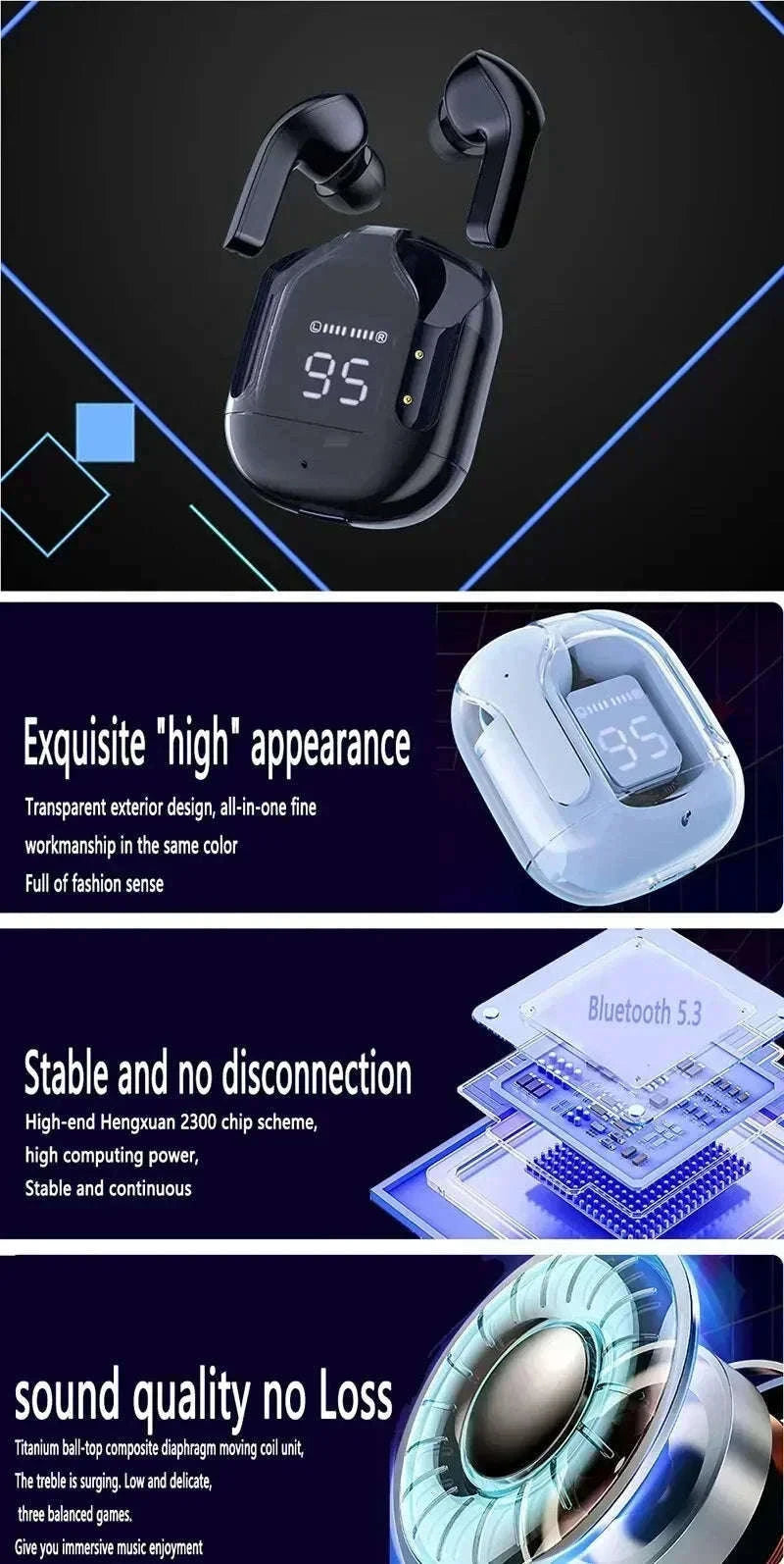 Wireless Bluetooth Earphones with HiFi Sound and LED Display-Blue