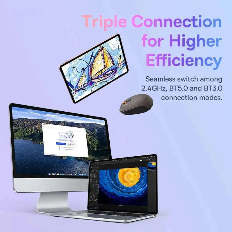 Wireless Bluetooth Mouse with Silent Click & Tri-Mode Connection-Black-BT and 2.4G