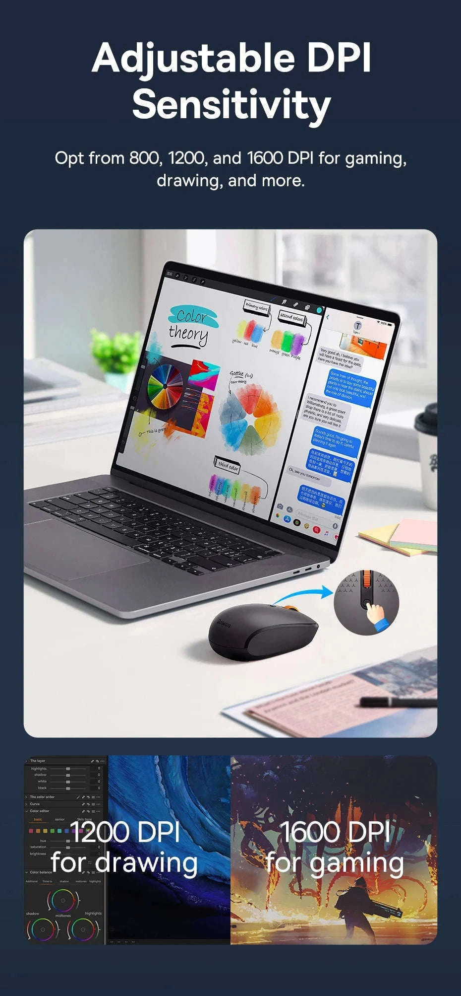 Wireless Bluetooth Mouse with Silent Clicks & Tri-Mode Connection-BT3.0 BT5.0 and 2.4G