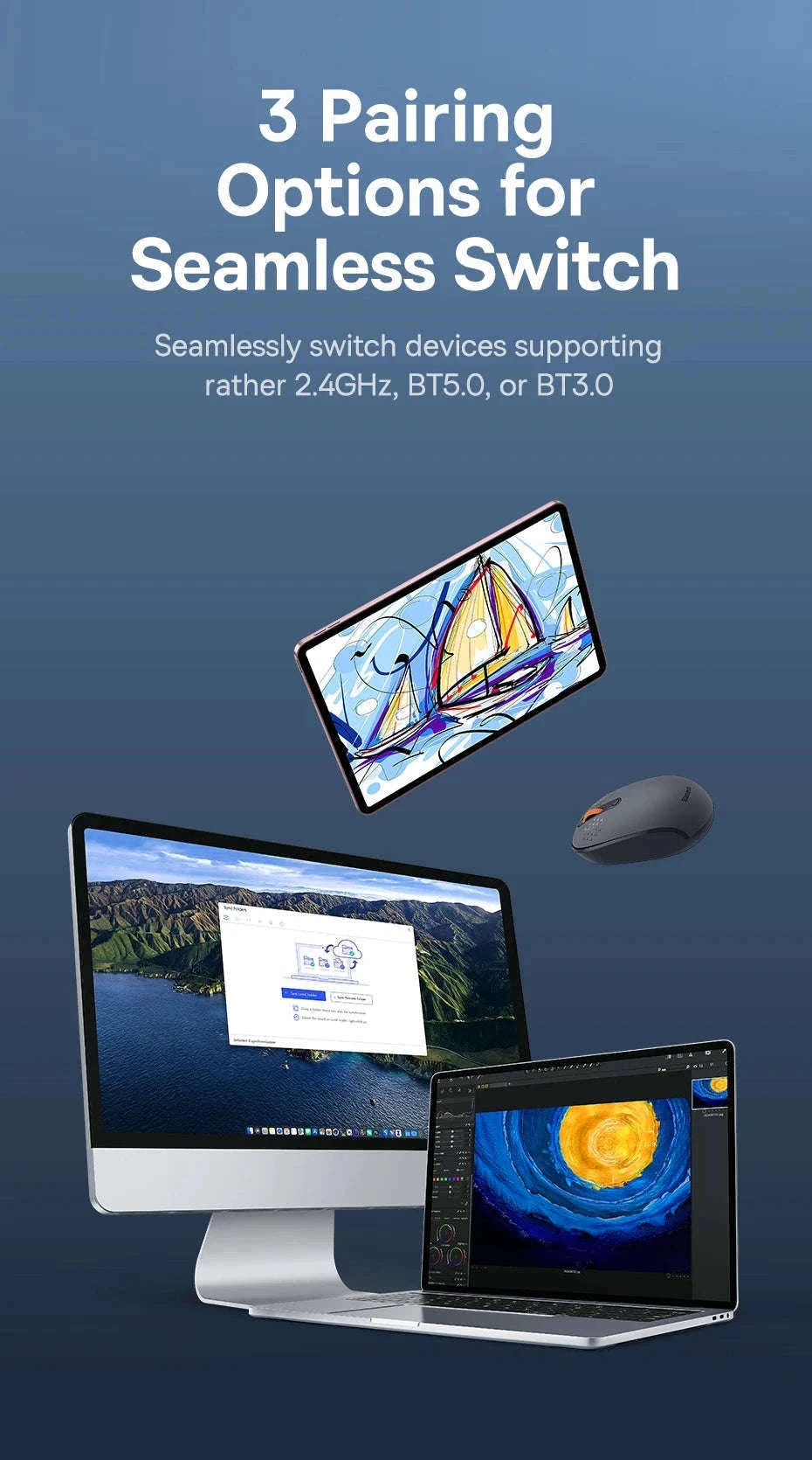 Wireless Bluetooth Mouse with Silent Clicks & Tri-Mode Connection-BT3.0 BT5.0 and 2.4G