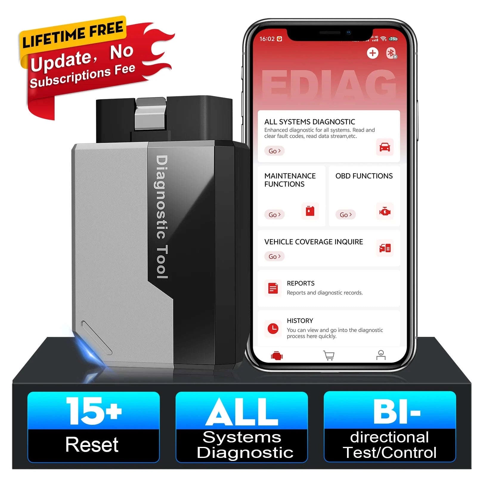 Wireless Car Diagnostic Tool with All System Scan and 15 Resets-Ediag Elite / United States / Lifetime Free Update
