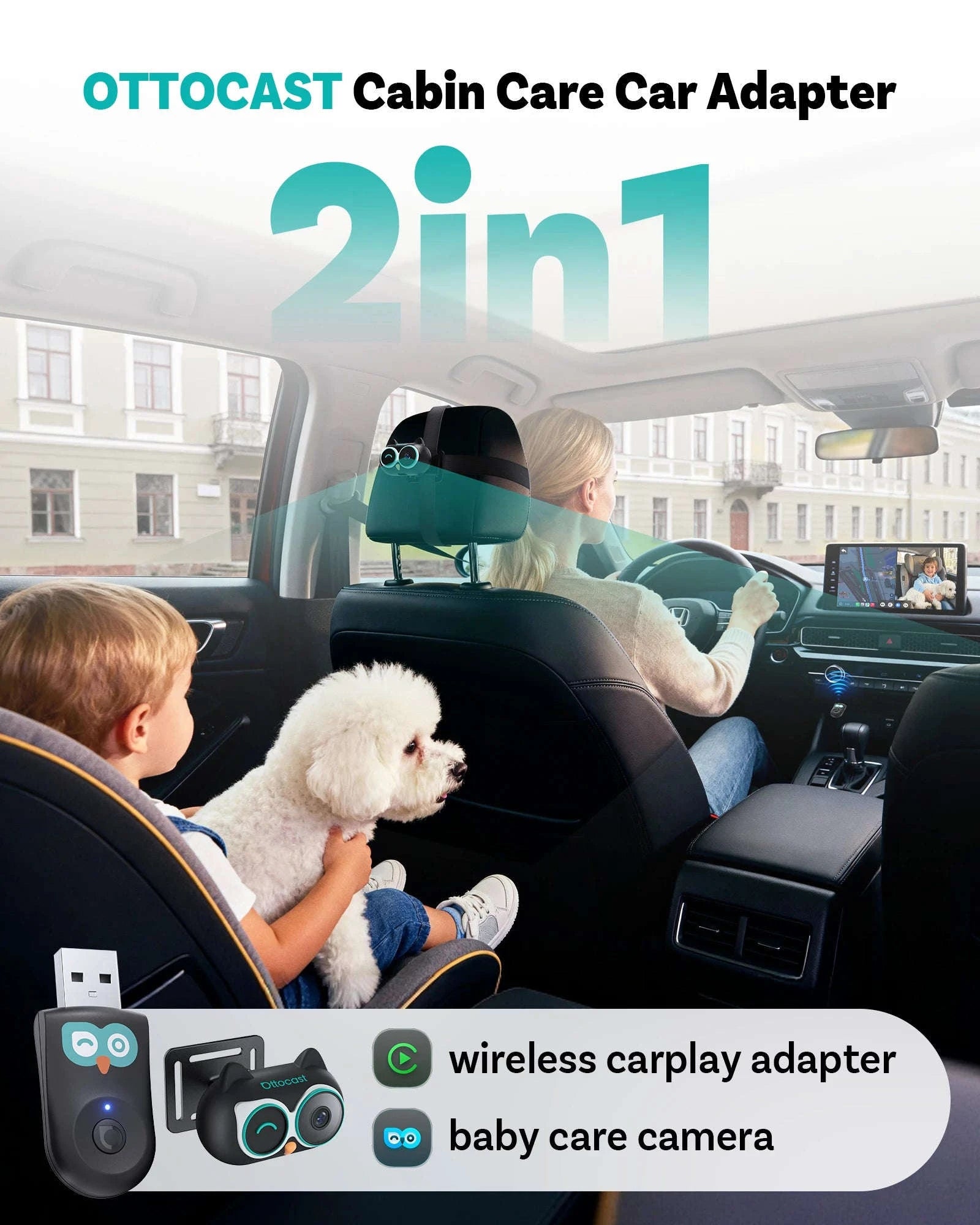 Wireless CarPlay Adapter with 1080P Baby Camera & Backseat Monitor-Cabin Care
