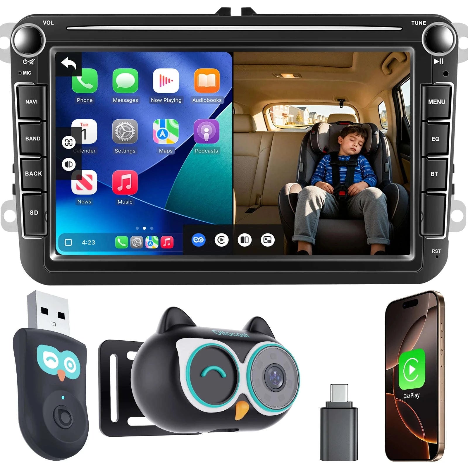 Wireless CarPlay Adapter with 1080P Baby Camera & Backseat Monitor-Cabin Care