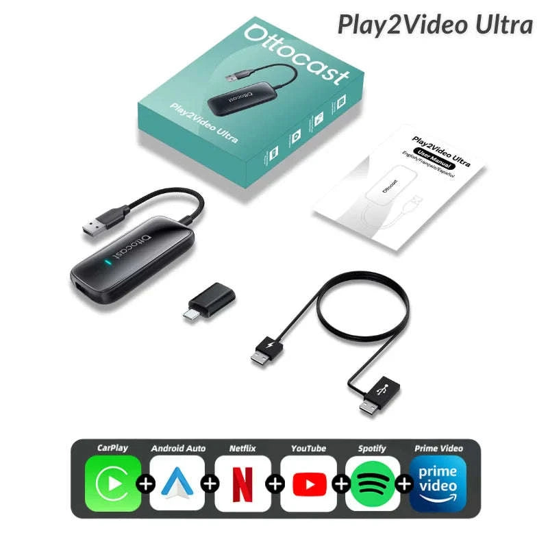 Wireless CarPlay & Android Auto AI Box with Streaming Apps for Cars-Play2Video Ultra