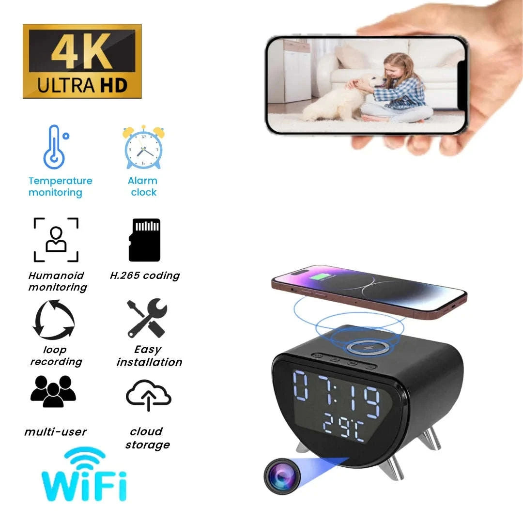 Wireless Charging Alarm Clock Camera 4K HD Surveillance-China Mainland