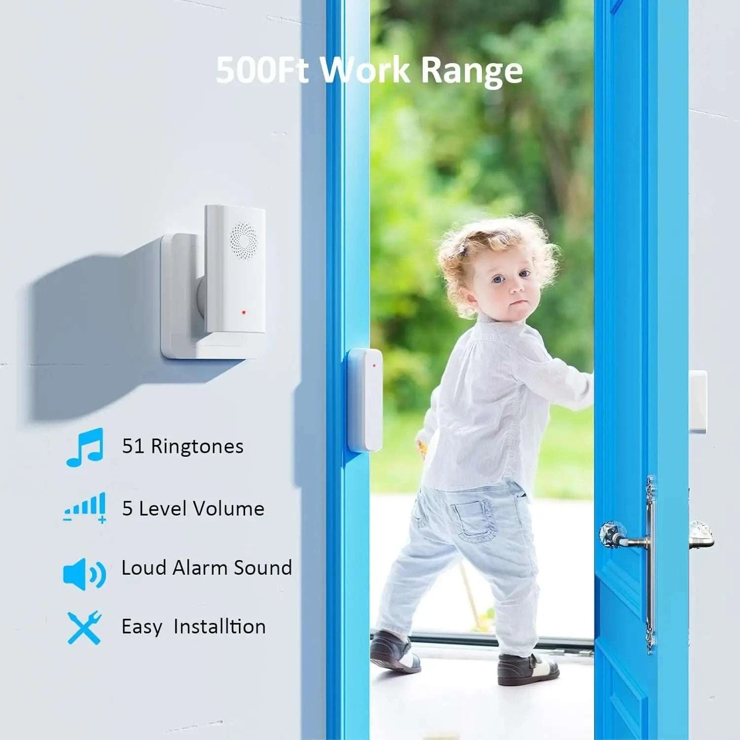 Wireless Door Chime System with 500ft Range, 2 Receivers & 5 Sensors-United States