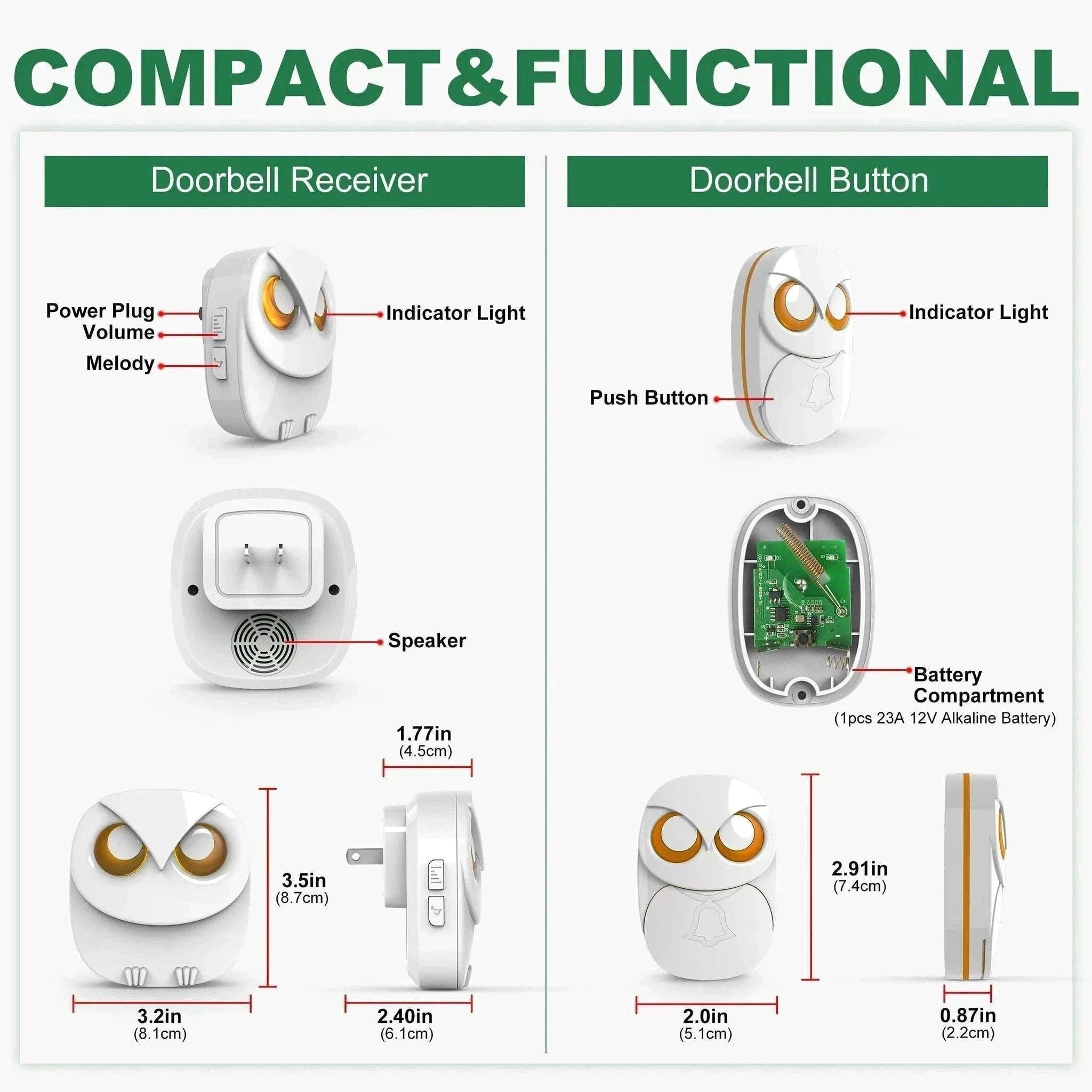 Wireless Doorbell with 300m Range, 35 Chimes & Waterproof Button-KIT2 / EU Plug / Poland